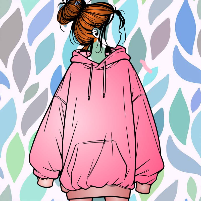 realistic girl with a oversized sweatshirt on and a bun