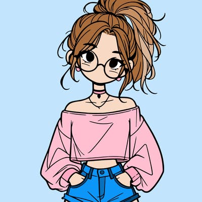 girl with a messy ponytail glasses a baggy crop top and jean shorts