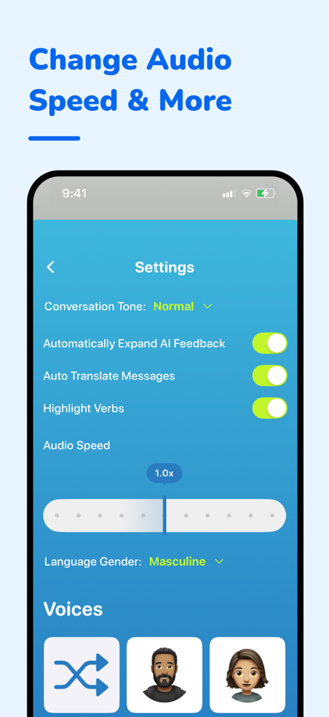 FluentFlow - Pantalla de configuración de FluentFlow para ajustar la velocidad del audio y seleccionar voces de conversación de IA.