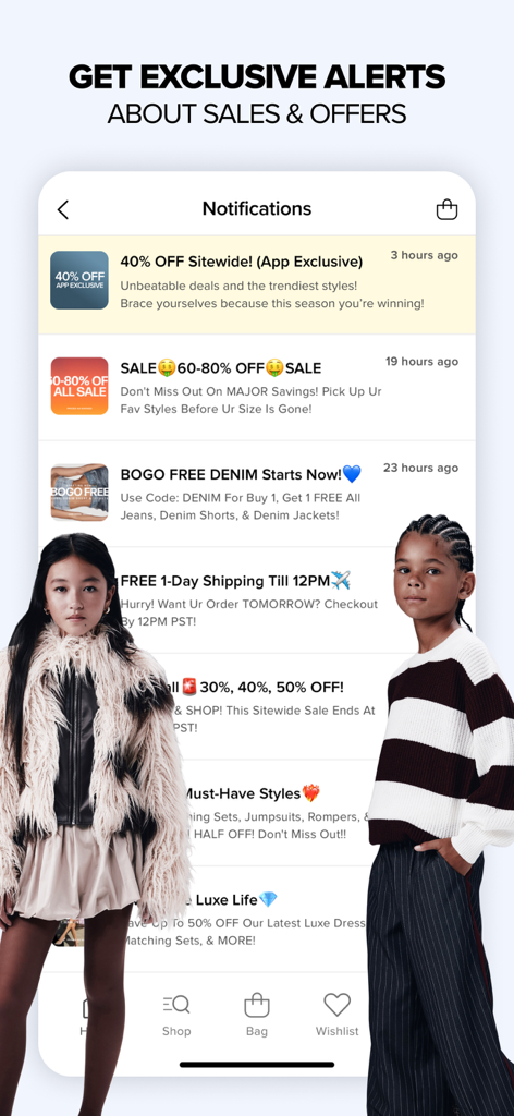 Fashion Nova: Trendy Shopping - 독점 세일 알림과 트렌디한 아동복 스타일을 표시하는 패션 노바 앱 알림 화면.