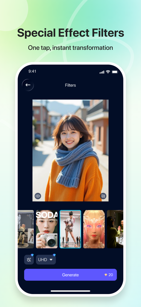Pixa - AI Image & Video Maker - Interface of the Pixa app showing various AI special effect filters and a cinematic portrait of a woman.