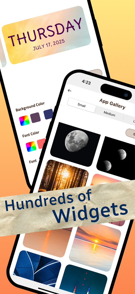 Interfaz de personalización de la aplicación Photo Widget que muestra opciones de color de fondo, color de fuente y una galería de aplicaciones con cientos de widgets.