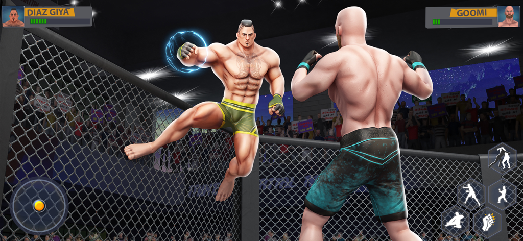 An action packed MMA duel between two fighters in an arena cage