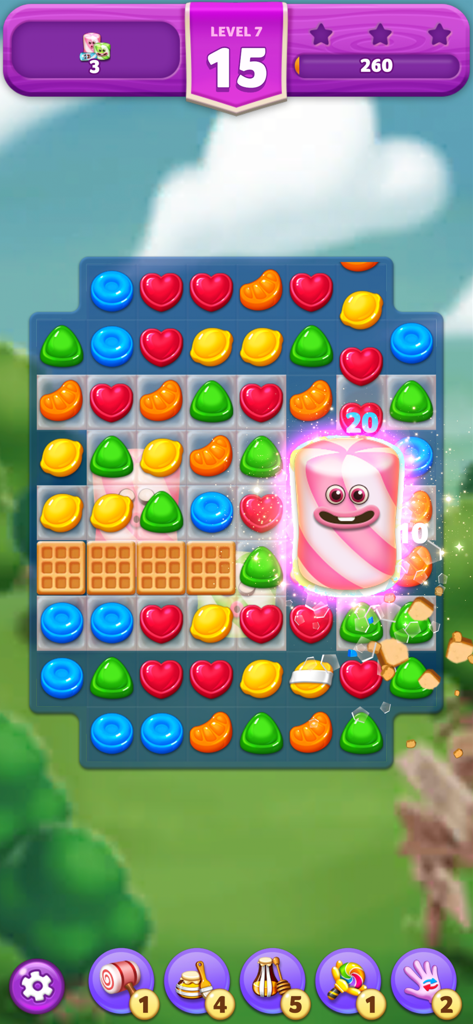 Lollipop2 & Marshmallow Match3 - A match 3 puzzle board from Lollipop 2 featuring colorful candies and a giant pink marshmallow character