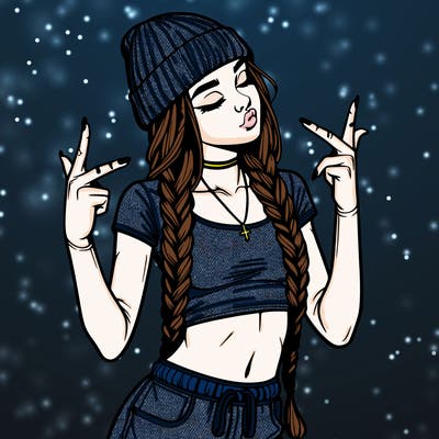 realistic teenage girl with braids and a beanie and crop top doing 🫶🏼
