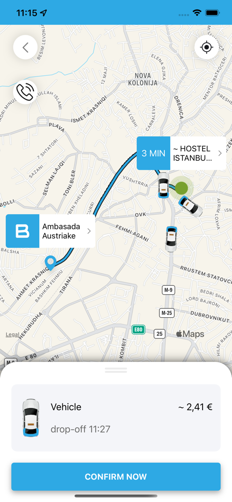 Blue Taxi - Blue Taxi app screen showing taxi booking map and ride price confirmation