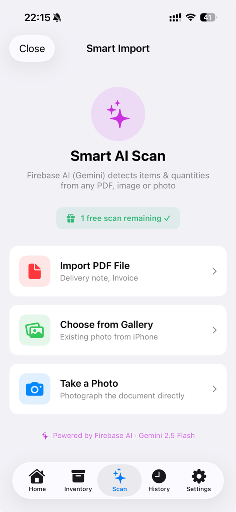Stocky – AI Inventory Manager - Stocky 앱의 스마트 AI 스캔 화면으로 PDF 파일 가져오기, 갤러리에서 선택 또는 사진 찍기 옵션 표시