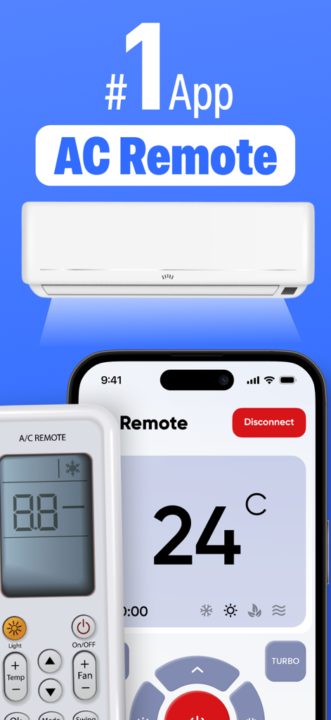 AC Remote: Universal Control. - Interface de l'application AC Remote sur un iPhone à côté d'une unité de climatisation