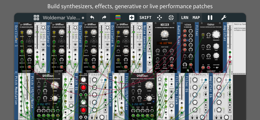 A detailed virtual modular synthesizer interface in miRack showing complex patch cable routing between oscillators and filter modules
