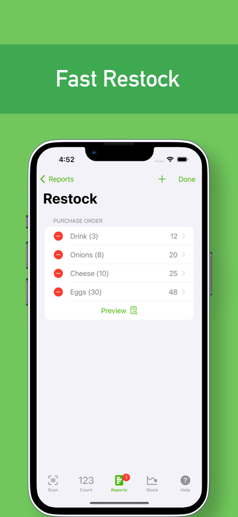 ChefStock 모바일 앱에 계란, 치즈, 양파 등 구매 주문 재입고 목록 표시