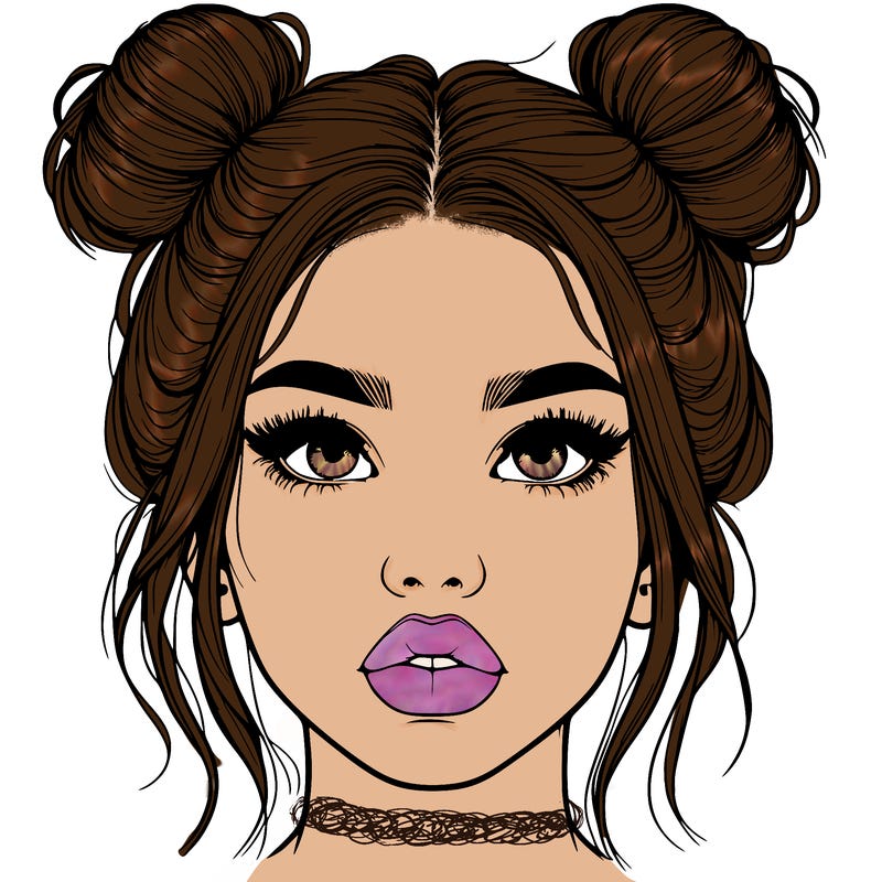 realistic girl with two buns on her hair and lips