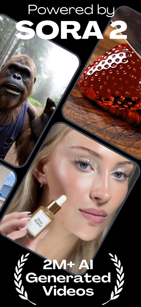 Pantalla de la aplicación AI Studio que muestra vídeos de IA de alta calidad generados, incluyendo un anuncio de marca de cuidado de la piel y un gorila realista potenciado por Sora 2.