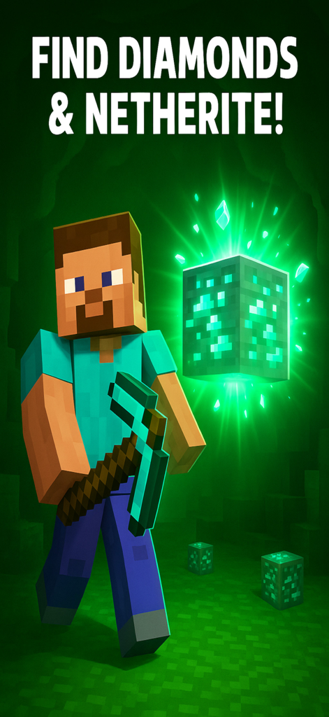 Diamond Finder Minecraft X-Ray - Minecraft character with a pickaxe standing by a glowing diamond ore block