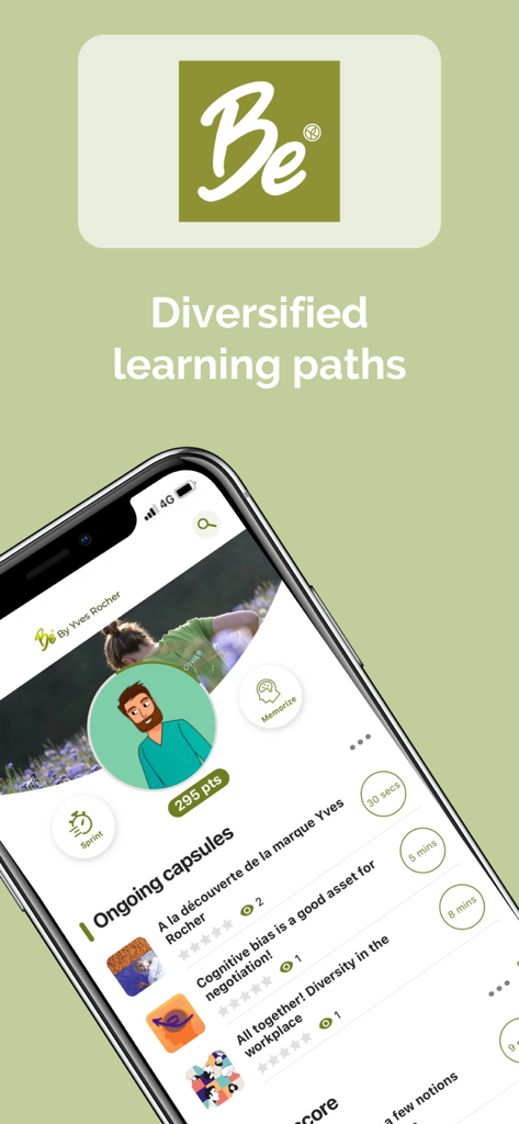 BE by Yves Rocher - Tableau de bord de l'application BE by Yves Rocher montrant divers parcours d'apprentissage et modules de formation avec les points de l'utilisateur.