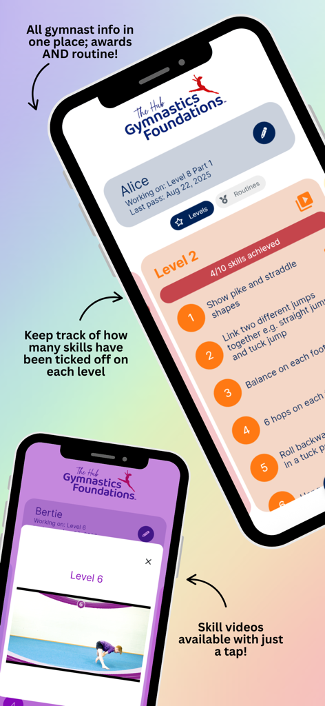 The Hub Gymnastics Foundations - Gymnastics coaching app showing student skill progression and instructional videos