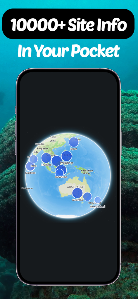 WikiBubbles: Dive & Snorkel - Global map showing thousands of dive and snorkel sites in the WikiBubbles app.
