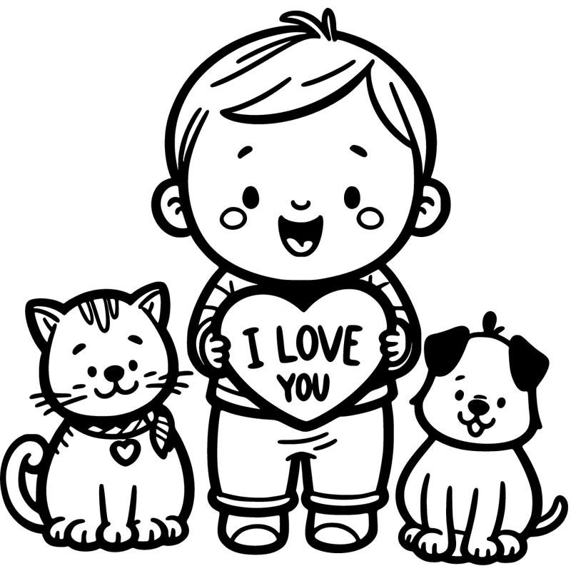 a baby holding a heart that says i love you with a cat and dog by it