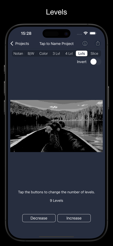 NotanIzer - 9단계 그레이스케일로 처리된 흑백 호수 풍경을 보여주는 NotanIzer 앱.