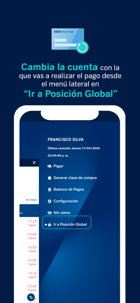 Side navigation menu of the BBVA Provincial Dinero Rapido mobile banking app
