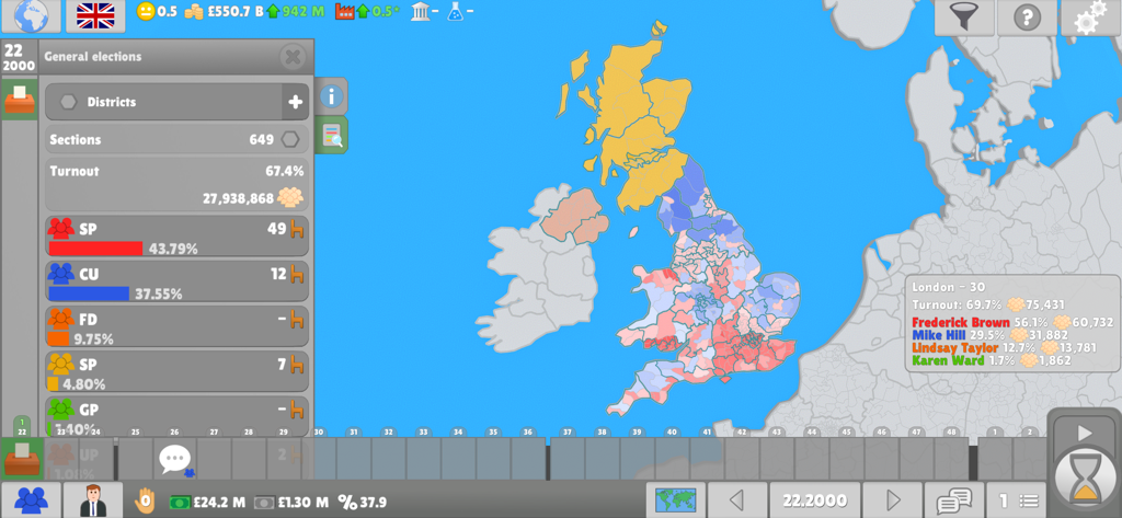 Map of United Kingdom electoral districts in Lawgivers II political strategy game