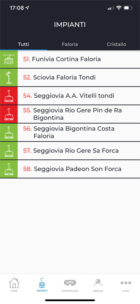 Interfaccia dell'app mobile che mostra un elenco di impianti di risalita a Cortina d'Ampezzo con indicatori di stato.