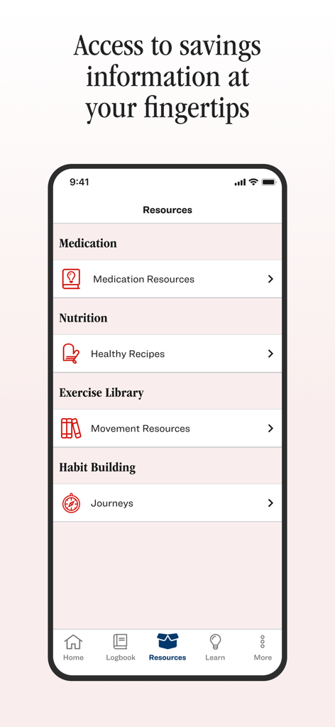 Menú de recursos de la aplicación Lilly Health con enlaces a la biblioteca de medicación, nutrición y ejercicio