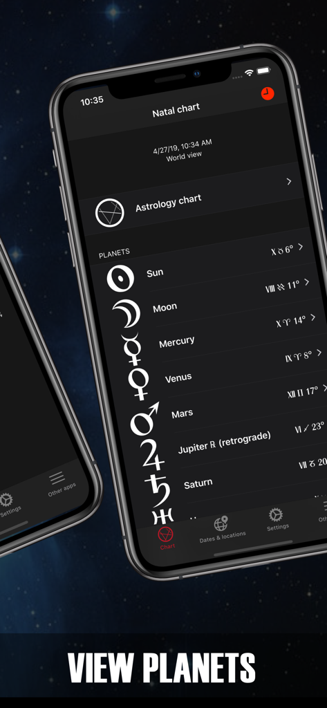 A detailed list of planets and their precise astronomical positions within a natal chart on the Astro Pro app