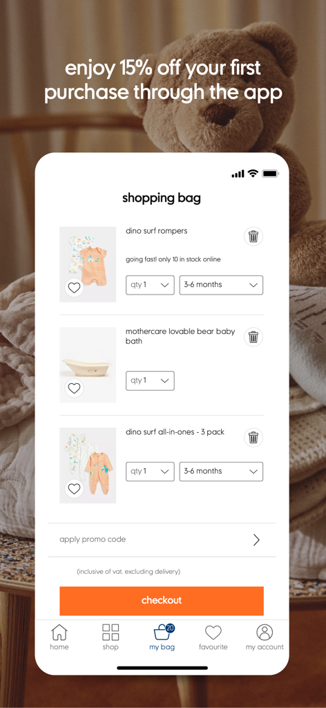 Shopping bag screen of the Mothercare app showing rompers, a baby bath, and a checkout button.
