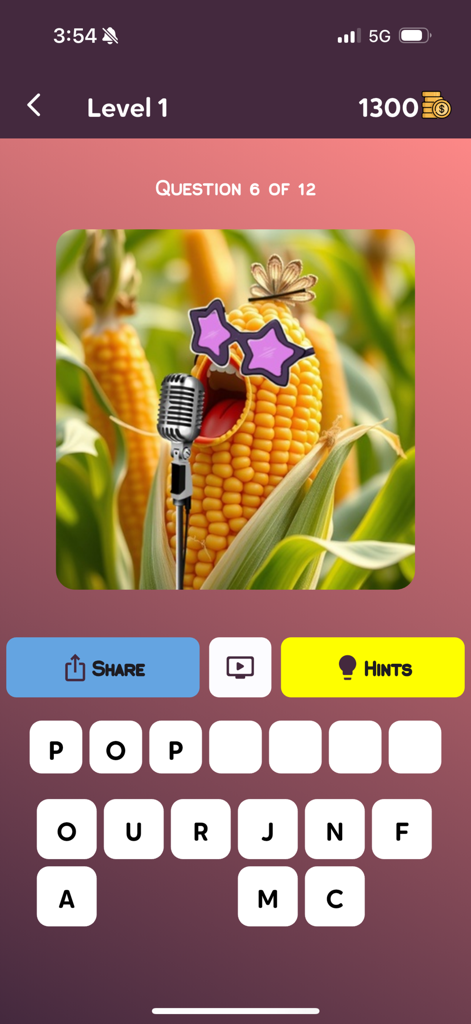 MindBlow game screenshot showing an AI image puzzle of a singing corn cob with star sunglasses