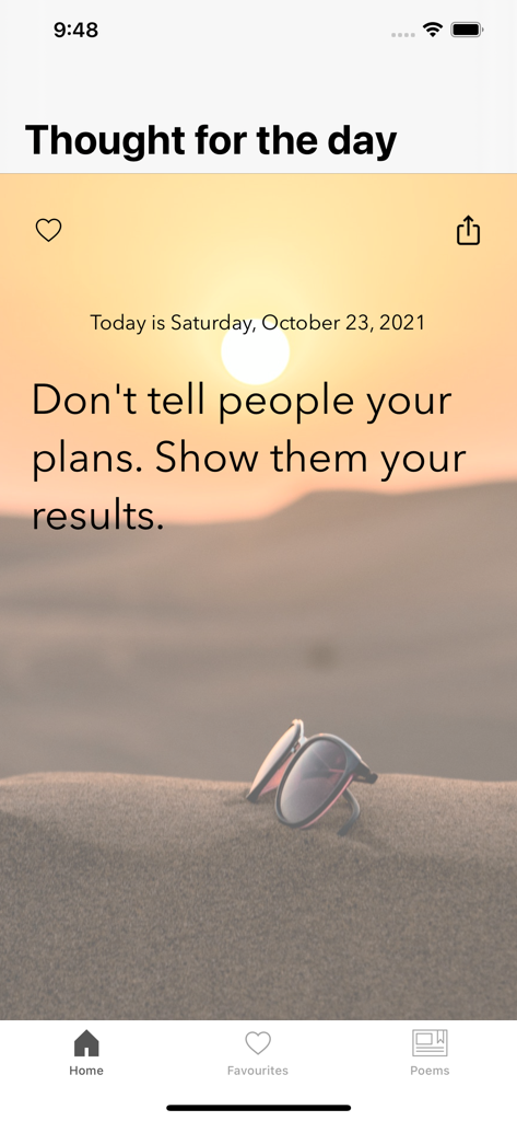 Simply Inspiring - Simply Inspiring app screen displaying the daily motivational quote Don't tell people your plans Show them your results against a desert landscape