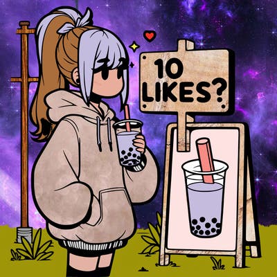girl with oversized hoodie drinking boba and she has a high ponytail with a sign that says 10likes?