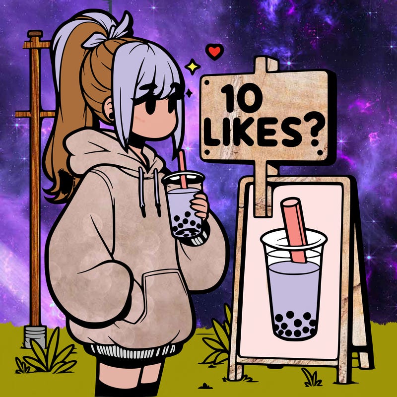 girl with oversized hoodie drinking boba and she has a high ponytail with a sign that says 10likes?