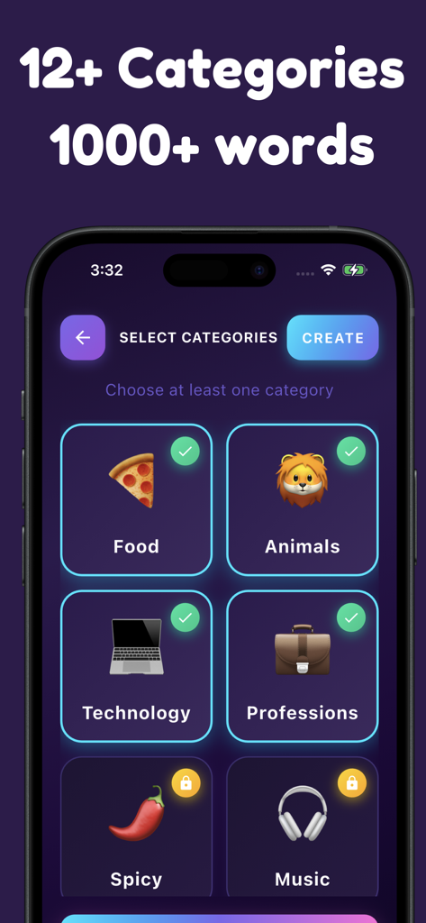 Imposter Game -Spy - Interfaz de Imposter Game mostrando selección de categorías para Comida Animales Tecnología y Profesiones