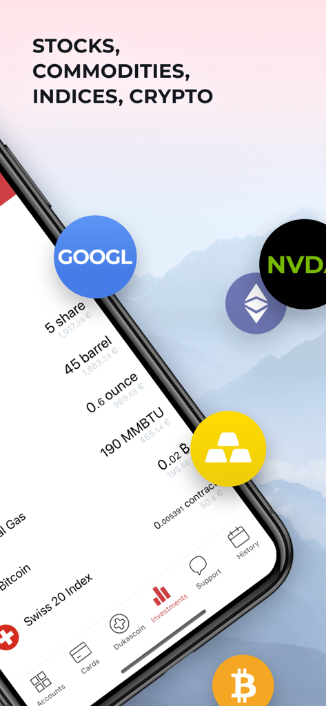 Dukascopy – Swiss Mobile Bank - Dukascopy Swiss Mobile Bank investment interface featuring stocks commodities and crypto assets