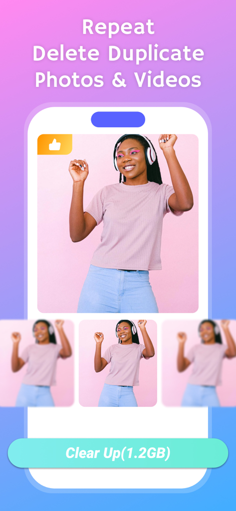 Clean up: AI Storage Cleaner - Screen showing the delete duplicate photos and videos feature to free up iPhone storage