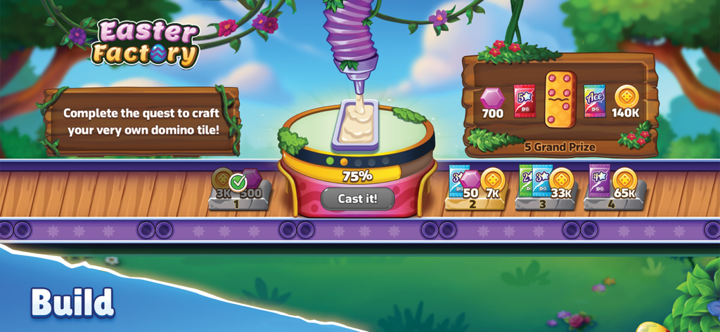 Domino Go: Dominoes Board Game - Tela de fabricação do evento de Fábrica de Páscoa do Domino Go mostrando jogadores criando peças de dominó personalizadas e recompensas