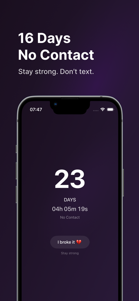 A minimalist mobile app screen showing a breakup recovery timer with 23 days of no contact