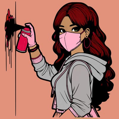 realistic girl with mask spray painting a wall