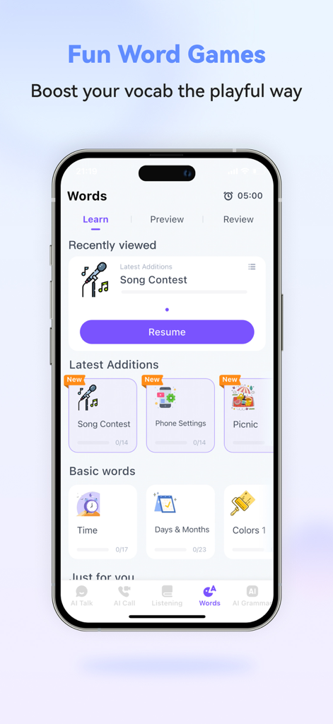 노래 경연대회 및 기본 단어와 같은 노래 경연대회 및 기본 단어와 같은 테마 범주 및 게임화된 단어 수업을 특징으로 하는 English Ai 앱 어휘 섹션