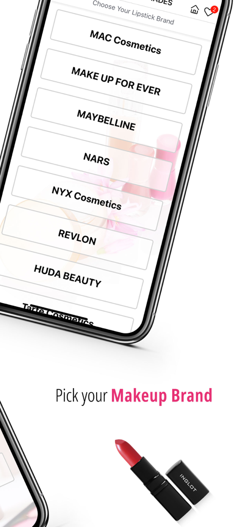 Mobile app interface of Cosmetic Shades showing a list of lipstick brands for shade matching including MAC Maybelline and NARS