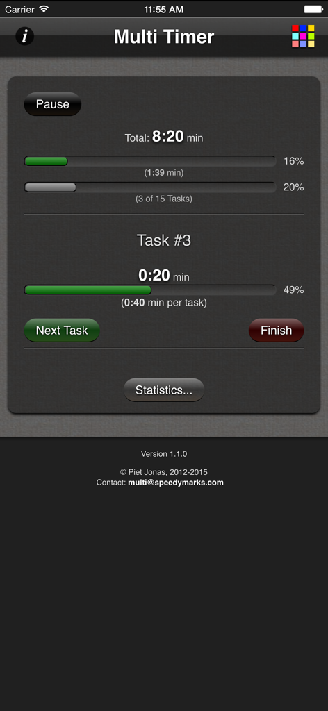 Interface do aplicativo Multi Task Timer mostrando barras de progresso horizontais para o tempo total e o acompanhamento de tarefas individuais.