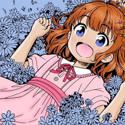 an anime girl laying in a field that's dappled with flowers the girl is excited and happy