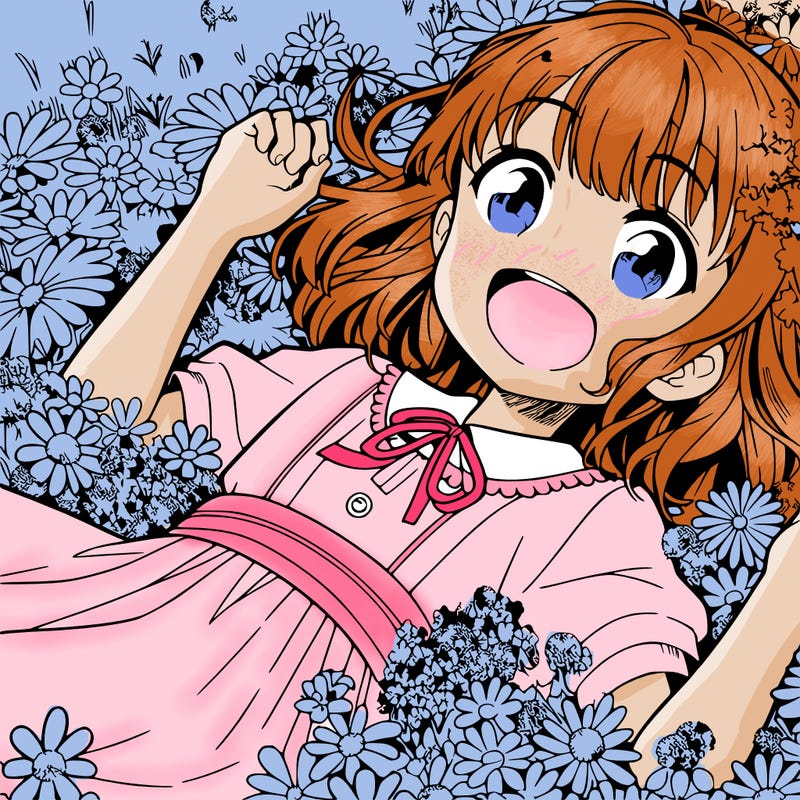an anime girl laying in a field that's dappled with flowers the girl is excited and happy