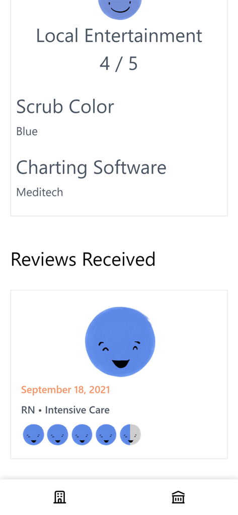Scrubstr - Mobile screenshot of the Scrubstr app showing hospital facility details such as scrub color, charting software, and nurse reviews.