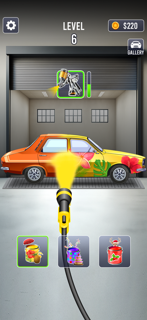 Car Wash: ASMR Game - A yellow car being customized with tropical flower patterns in the Car Wash ASMR Game app