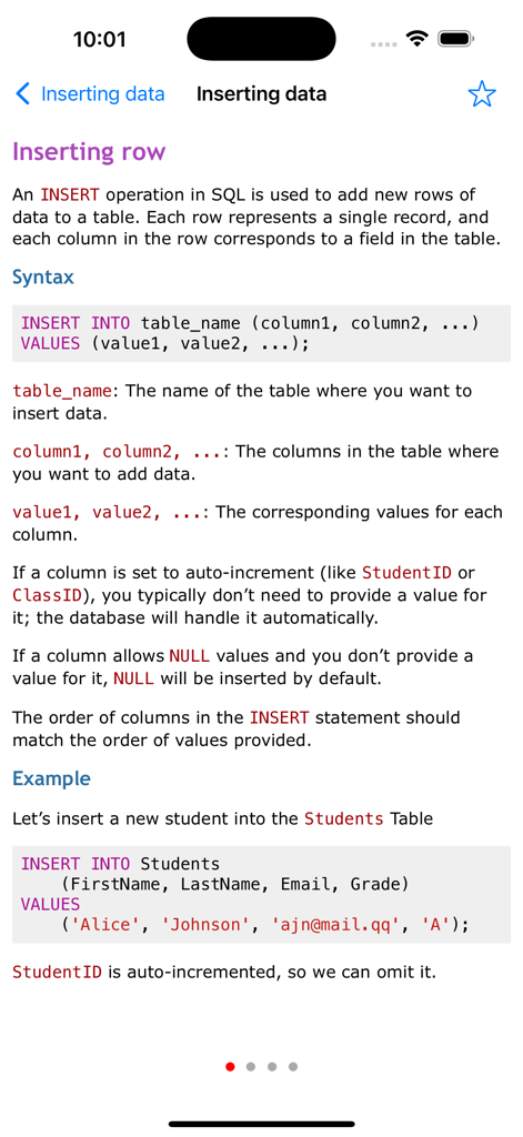 Educational screen showing SQL INSERT INTO syntax and code examples for adding rows to a database table.