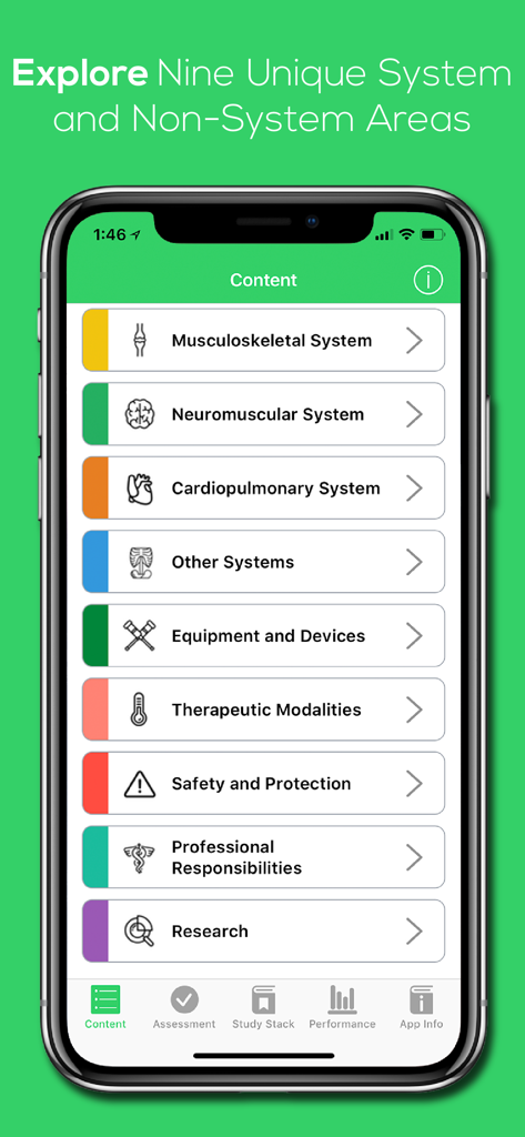PT Content Master app interface showing nine study categories for physical therapy licensure preparation