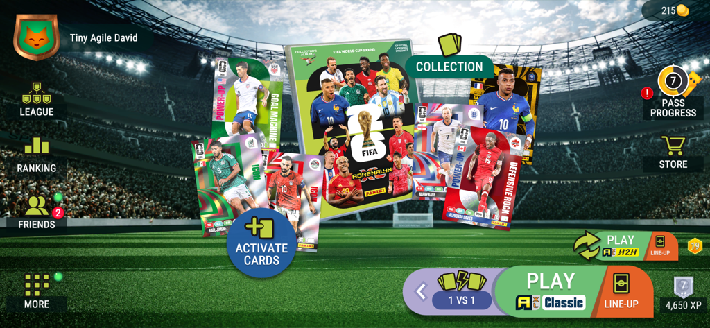 FIFA World Cup 2026™ AXL™ - Main menu screen of the FIFA World Cup 2026 Adrenalyn XL app showing digital trading cards and gameplay options against a stadium background