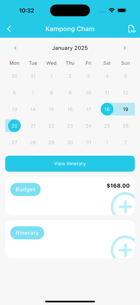 Mobile app screen showing a trip itinerary calendar for January 2025 with budget tracking for Kampong Cham.