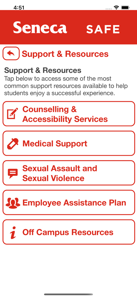 Seneca Safe app Support and Resources menu showing links for counseling, medical support, and emergency services.